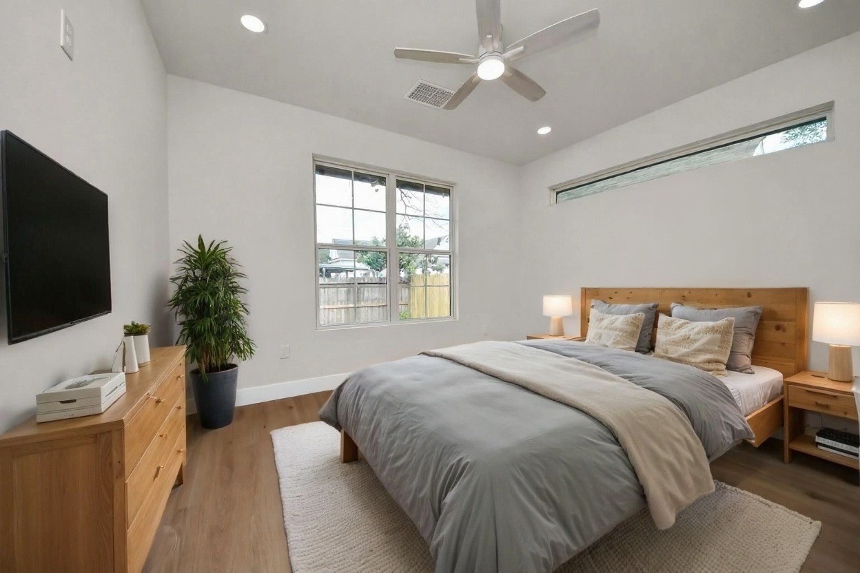427 North Milby Street Houston, TX 77003 - Photo 21 of 44 Bright and spacious primary suite featuring modern finishes and a serene, spa-like feel. Thoughtfully designed with ample natural light, stylish fixtures, and a seamless flow into the ensuite bath. The perfect retreat to relax and unwind.
