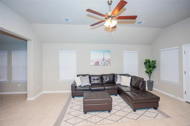a living room with furniture and a potted plant