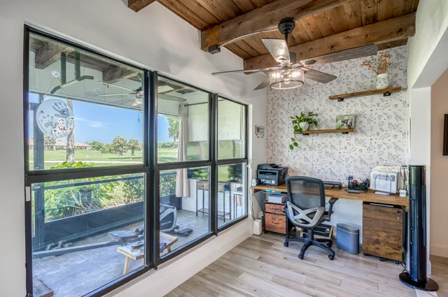 a workspace with wooden floor