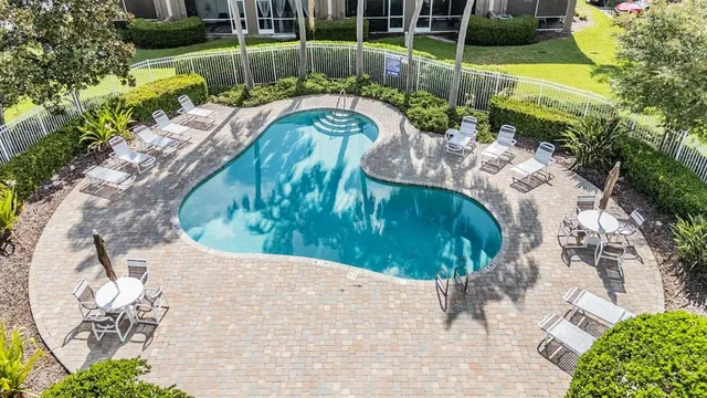 a view of a swimming pool with a yard and plants