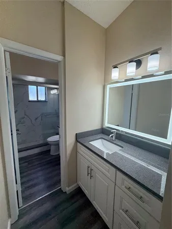 a bathroom with a granite countertop sink and a mirror