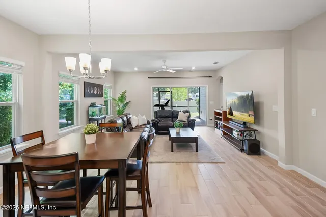 a view of a dining room with furniture window and outside view