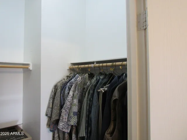 a view of walk in closet with clothes and shoes