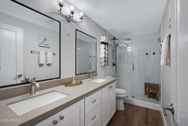 a bathroom with a double vanity sink toilet mirror and shower