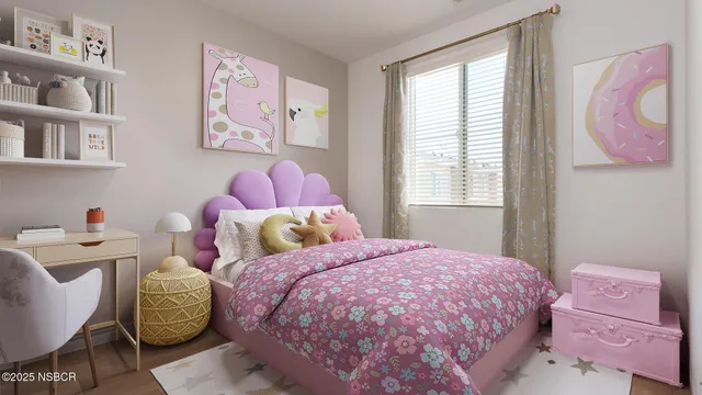 a bedroom with two beds and a painting on the wall