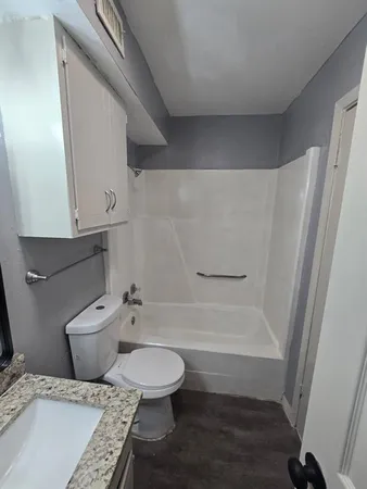 a bathroom with a granite countertop toilet and a sink