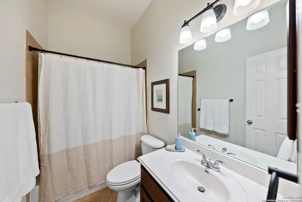 a bathroom with a sink a toilet a mirror a vanity and shower