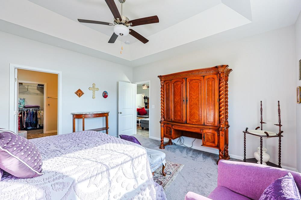 2821 Rivolet Drive Conway, SC 29526 - Photo 12 of 34 Bedroom with a spacious closet, a tray ceiling, ceiling fan, and carpet