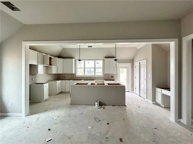 a workspace with kitchen island