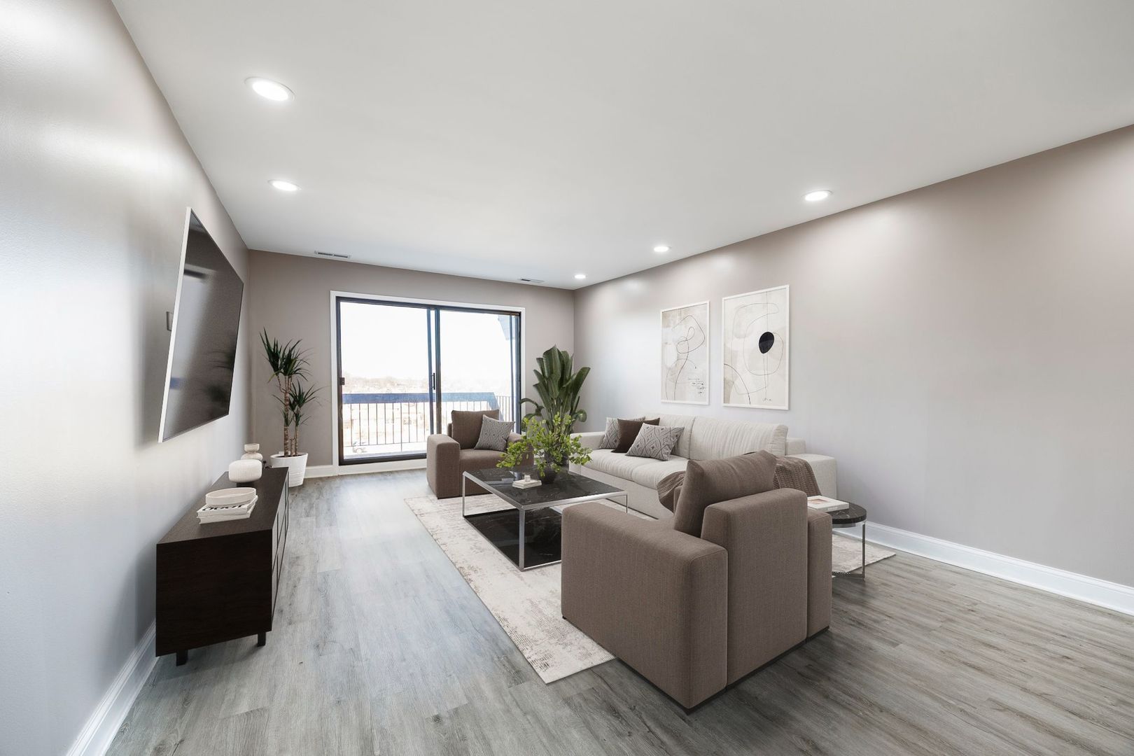 7730 Dempster Street, Unit 406 Morton Grove, IL 60053 - Photo 4 of 32 a living room with furniture wooden floor and a large window