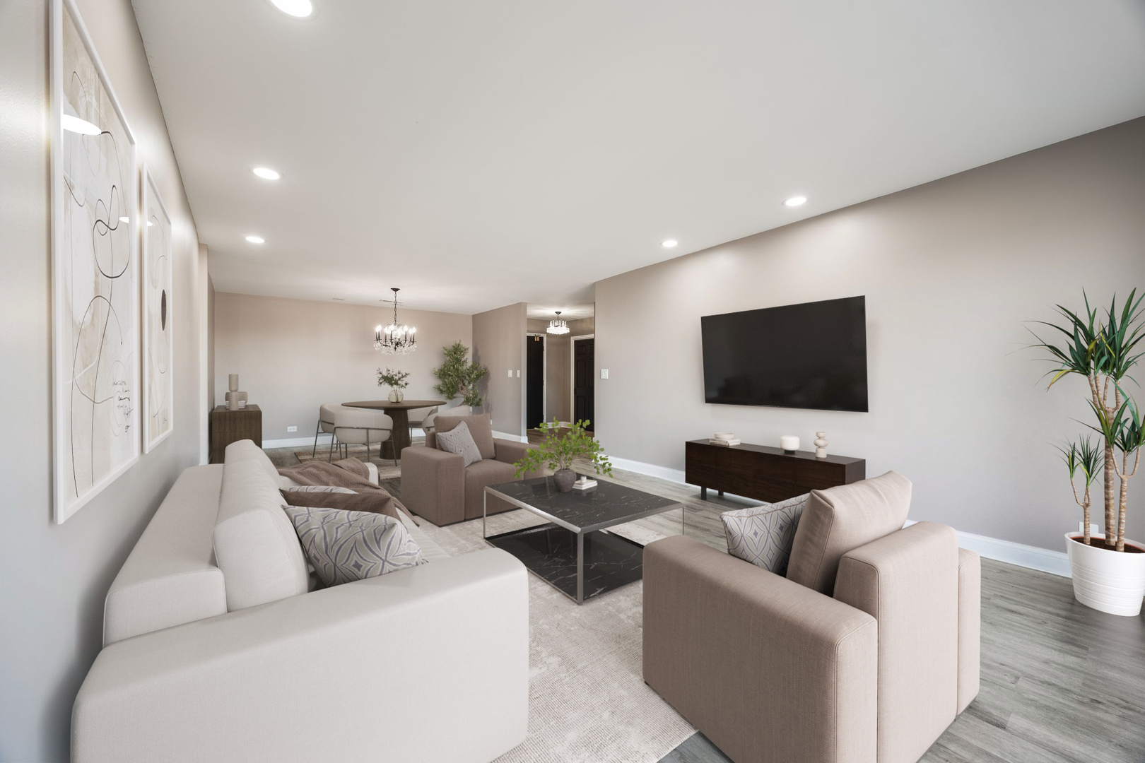 7730 Dempster Street, Unit 406 Morton Grove, IL 60053 - Photo 6 of 32 a living room with furniture and a flat screen tv