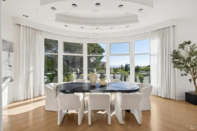 a view of a dining room with furniture window and outside view