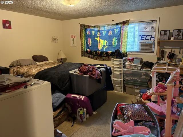 a bedroom with a bed and furniture