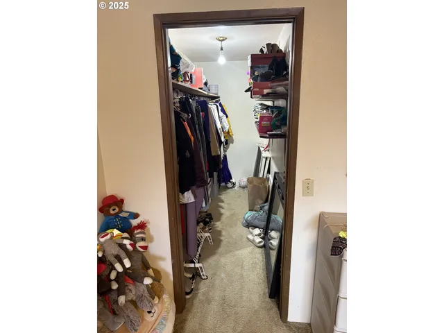 a view of walk in closet with clothes and shoes