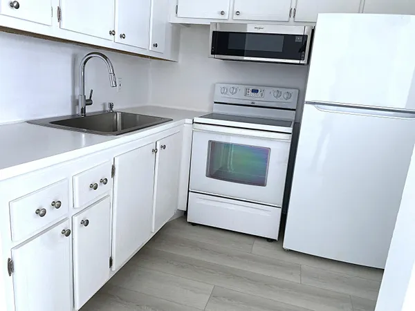 a kitchen with refrigerator a stove a sink and cabinets
