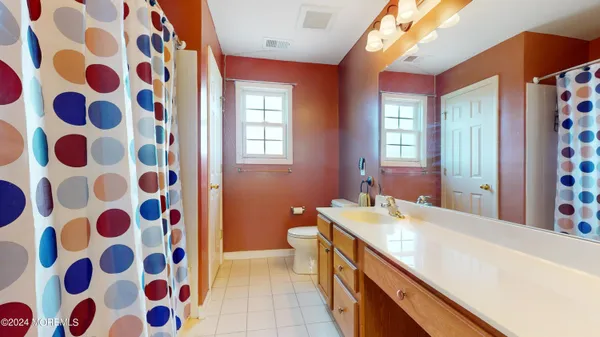 a bathroom with a sink a toilet a mirror and shower curtain