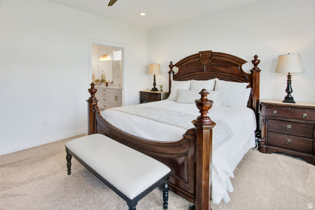 910 South 1700 West Layton, UT 84041 - Photo 12 of 26 Bedroom featuring light colored carpet, connected bathroom, a ceiling fan, and recessed lighting