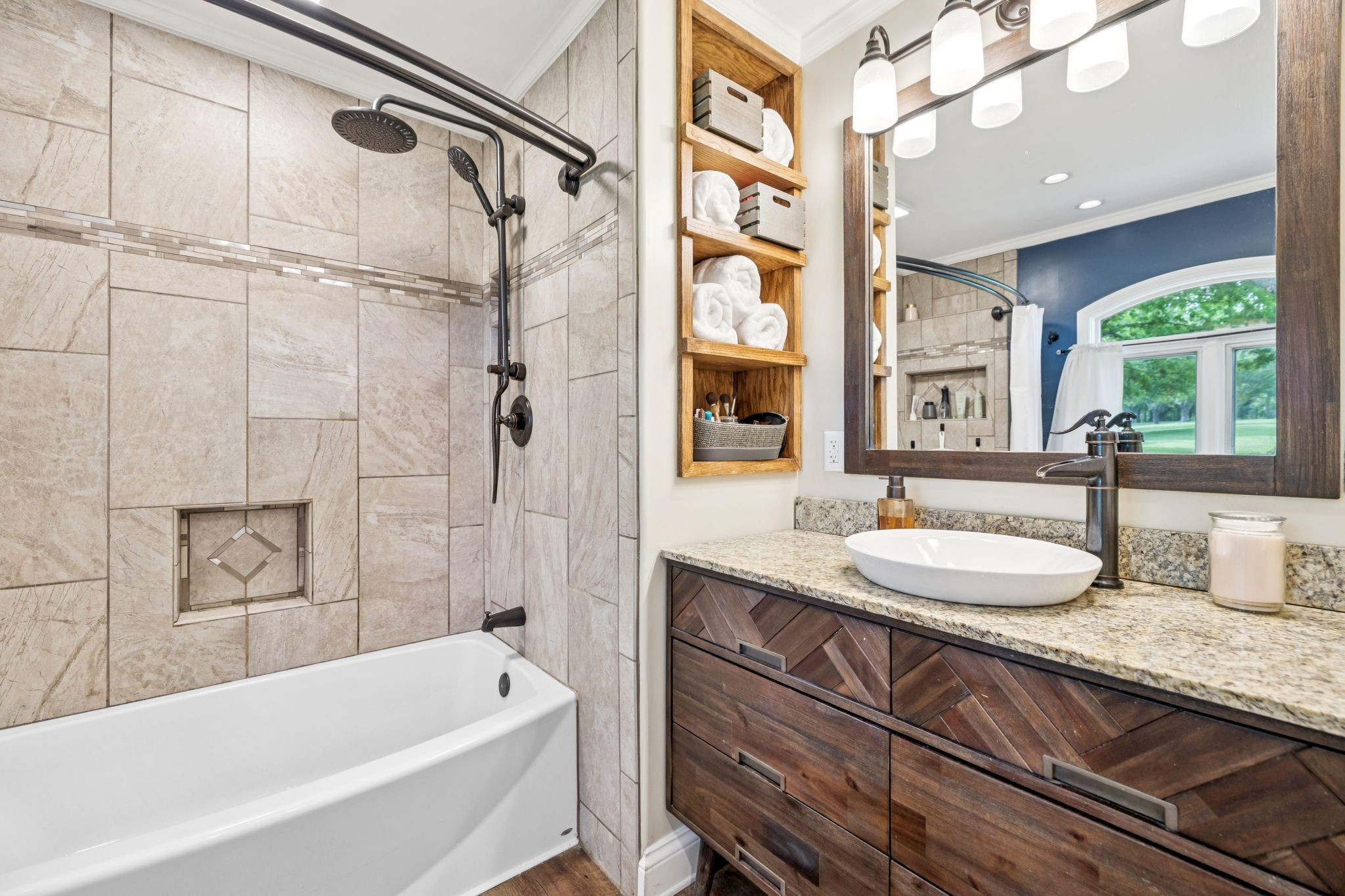 2797 Lewis Road Santa Fe, TN 38482 - Photo 34 of 92 a bathroom with a granite countertop sink mirror and a bathtub