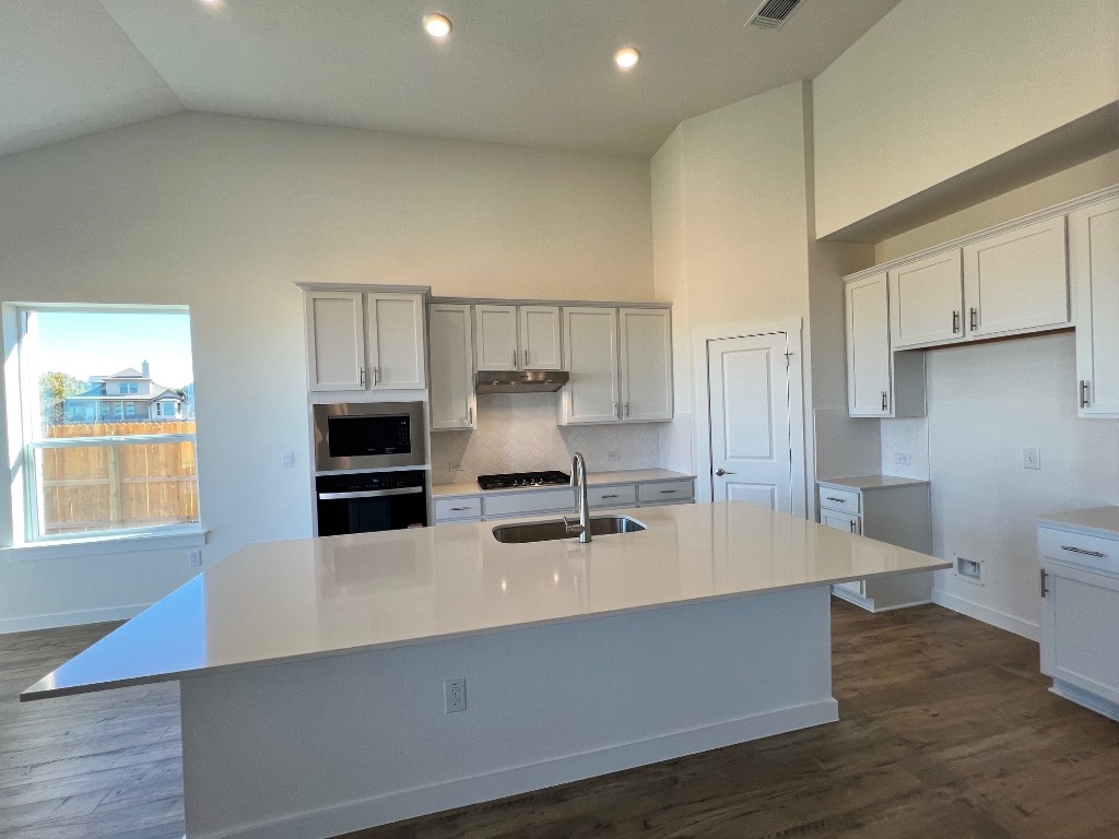 512 Prairie Wind Drive Leander, TX 78641 - Photo 4 of 10 a kitchen with stainless steel appliances a sink a stove wooden floor and cabinets