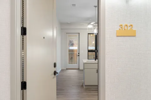 a view of a hallway with wooden floor and closet area