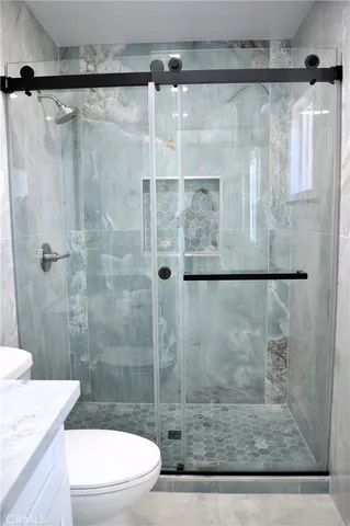 a bathroom with a shower and a toilet