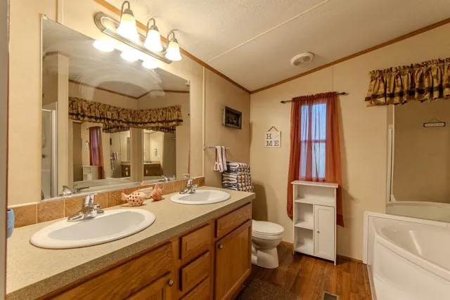 a bathroom with a double vanity sink mirror and toilet
