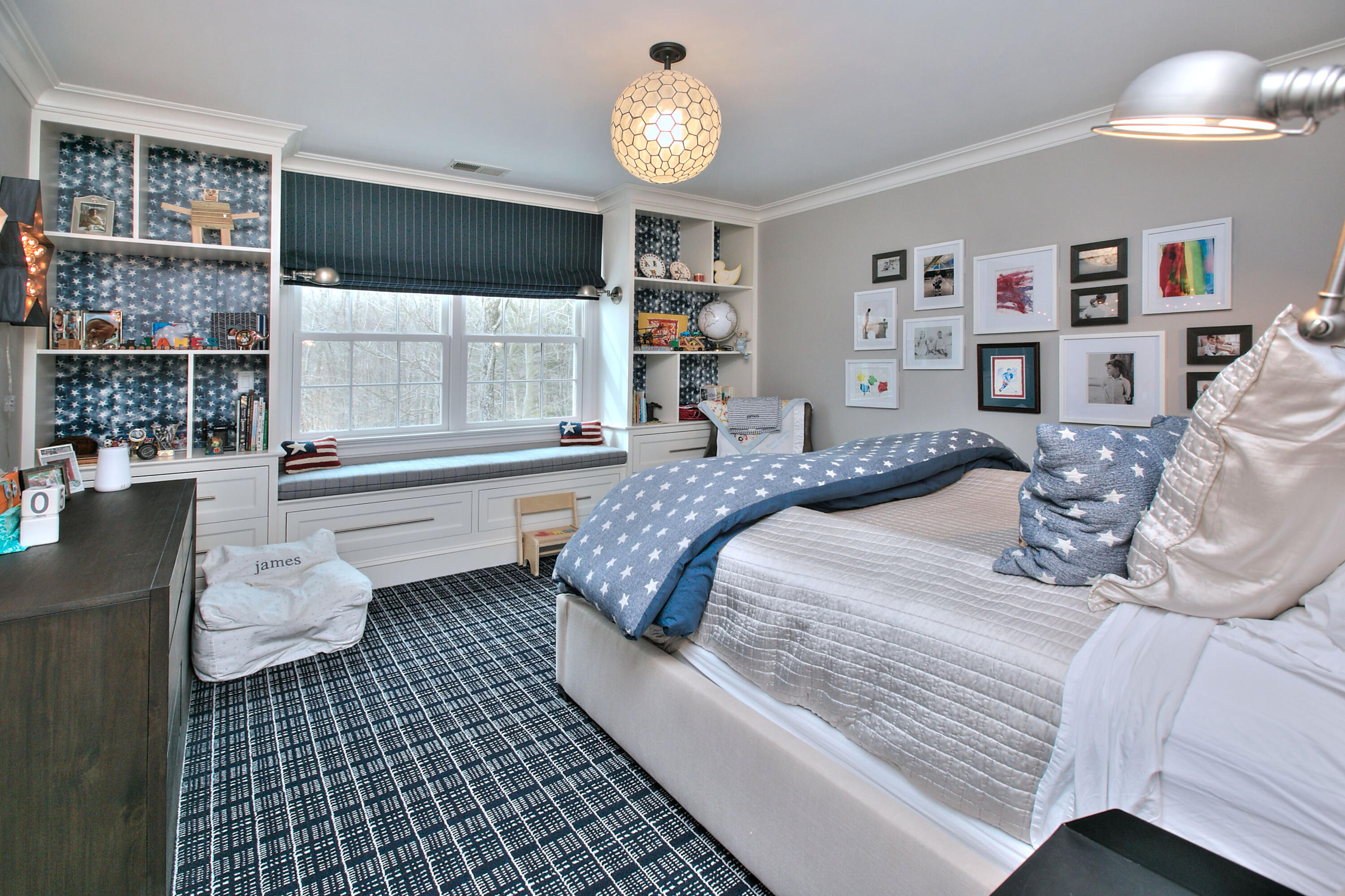 128 Dunning Road New Canaan, CT 06840 - Photo 24 of 49 a bedroom with a bed window and wall painting