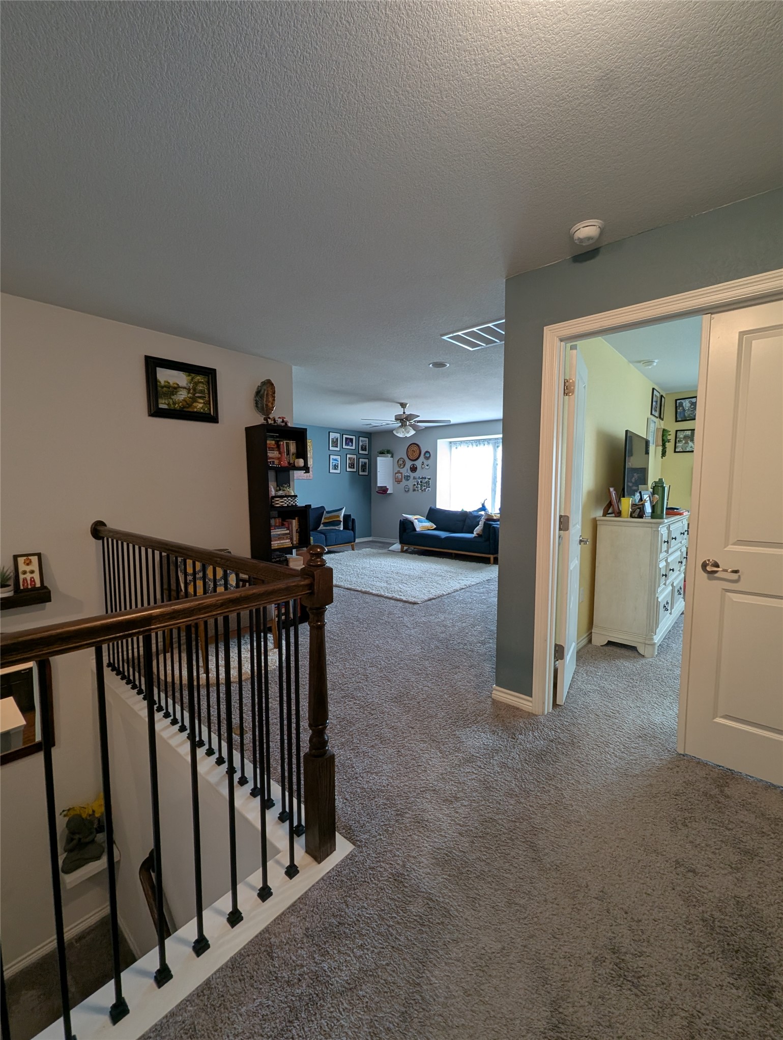 14502 McCoy Loop Austin, TX 78717 - Photo 17 of 26 Upper-level landing featuring carpeted flooring and an open railing with dark wood banister and black metal balusters