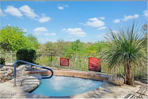 a view of a swimming pool with a yard and potted plants