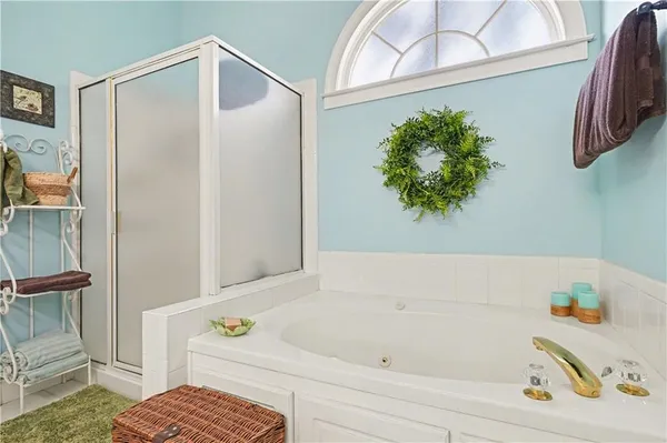 a bathroom with a bathtub and a shower