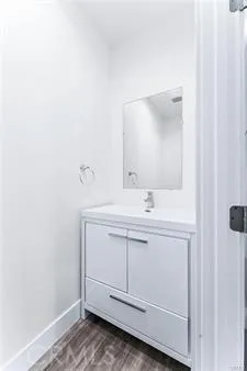 a bathroom with a sink vanity and a mirror