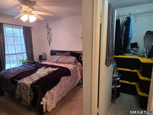 a bedroom with a bed and a closet