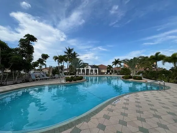 a view of a yard with plants and palm trees