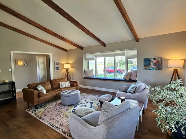 a living room with furniture and a potted plant