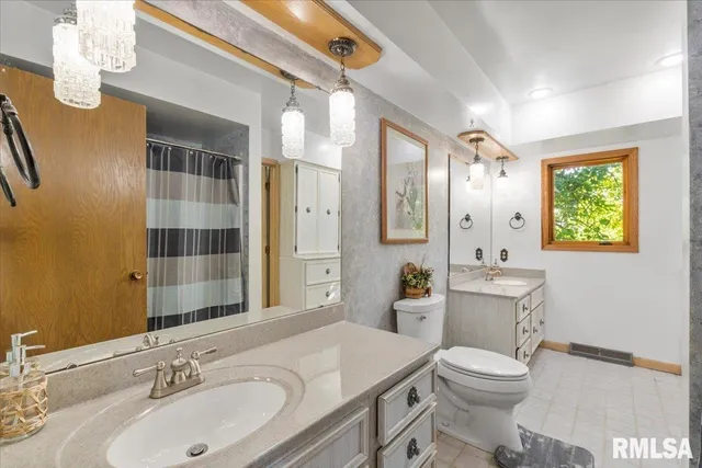 a bathroom with a sink a toilet a large mirror and shower