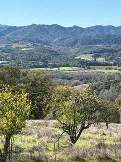 a view of a large body of water with a mountain