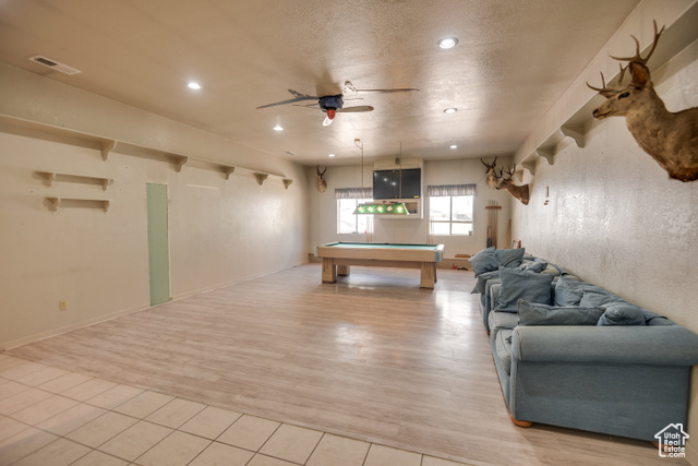 2373 East 190 North Beaver, UT 84713 - Photo 19 of 54 Rec room with pool table, ceiling fan, a textured ceiling, light wood finished floors, and recessed lighting