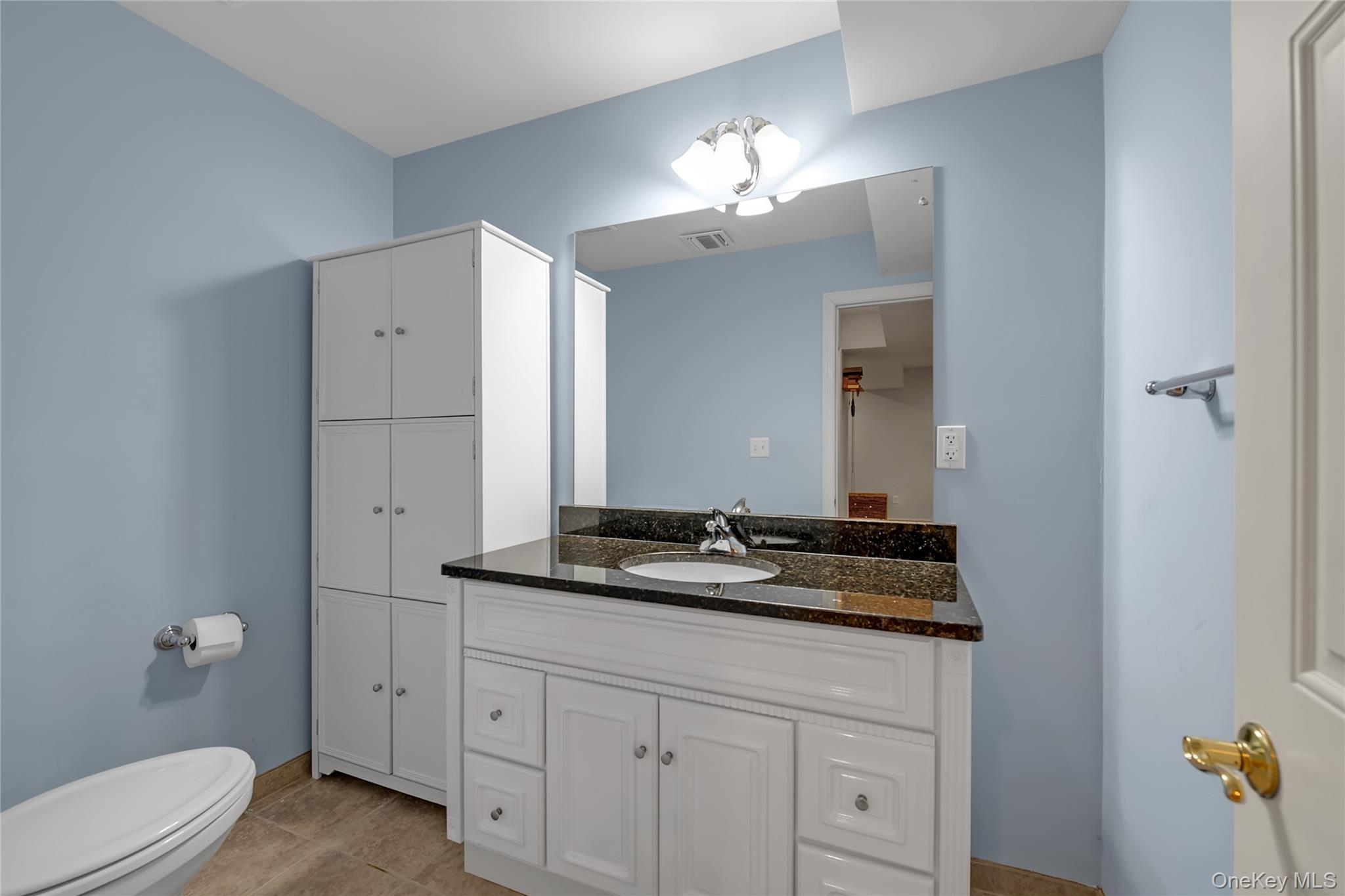 286 Spring Drive, Unit 286 East Meadow, NY 11554 - Photo 16 of 27 a bathroom with a granite countertop sink a toilet and mirror