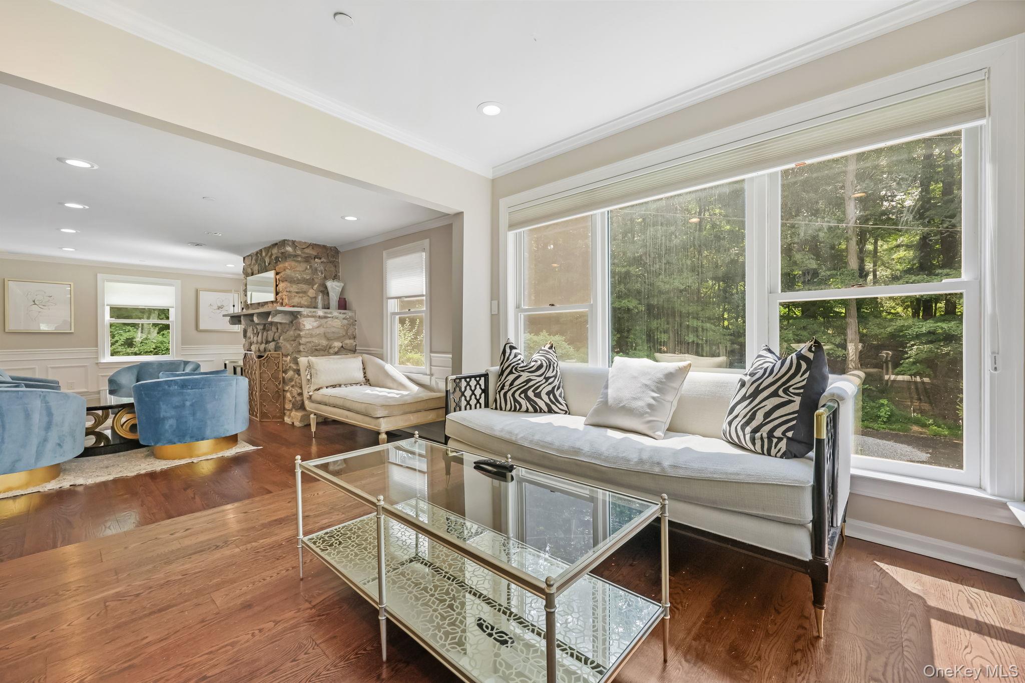 777 Armonk Road Mount Kisco, NY 10549 - Photo 19 of 44 Living room with ornamental molding, dark wood-type flooring, a wainscoted wall, and recessed lighting