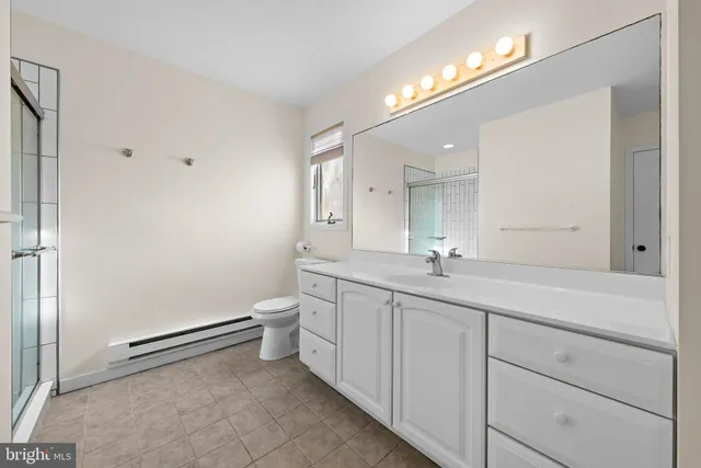 a bathroom with a glass shower door