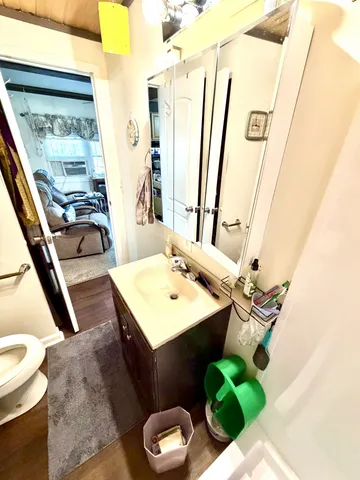 a bathroom with a sink toilet and mirror
