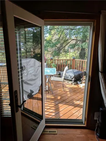 a view of swimming pool from a window