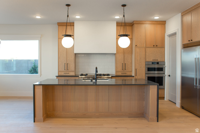 4658 South 380 East Washington, UT 84780 - Photo 7 of 10 Kitchen featuring stainless steel appliances, light wood-style floors, dark stone counters, decorative light fixtures, and a kitchen island with sink