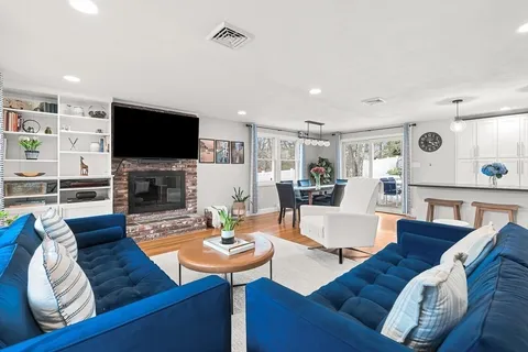 a living room with fireplace furniture and a flat screen tv