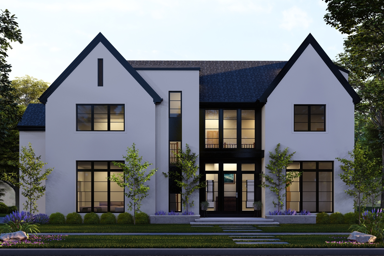 a front view of residential houses with yard