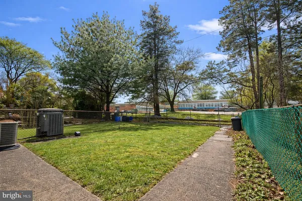 a view of a park with large trees