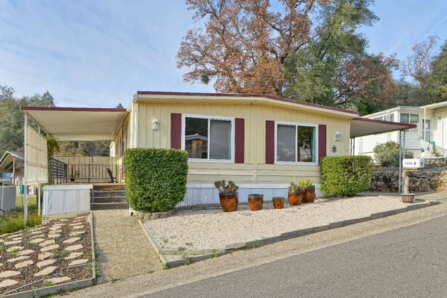 a front view of a house with a yard and potted plants