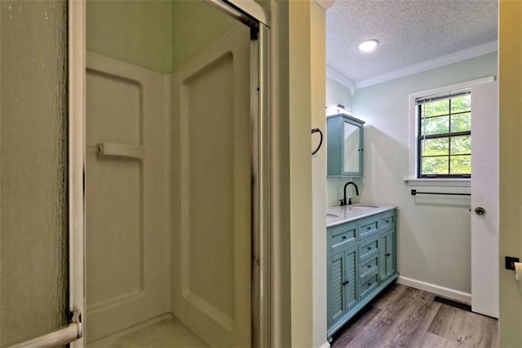 28 Coon Tail Road Blairsville, GA 30512 - Photo 57 of 100 a bathroom with a sink a mirror and shower
