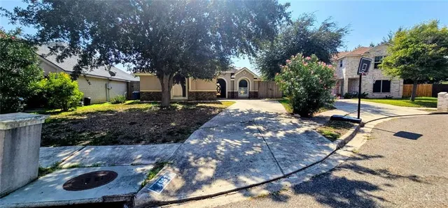a view of a backyard with table and chairs potted plants and large tree