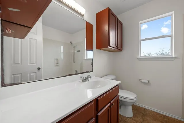 a bathroom with a sink a toilet and mirror